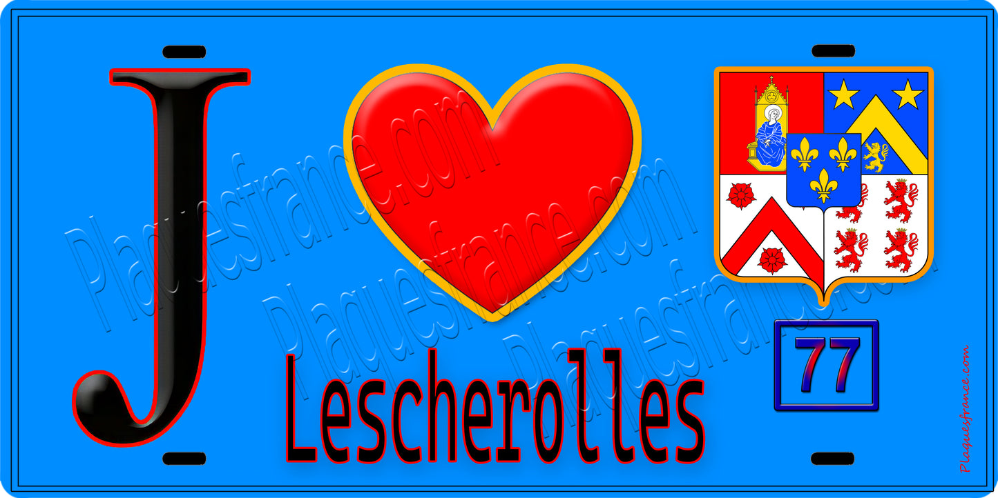 Plaque métal décorative J' ❤️Lescherolles, Seine et Marne (77) fond bleu