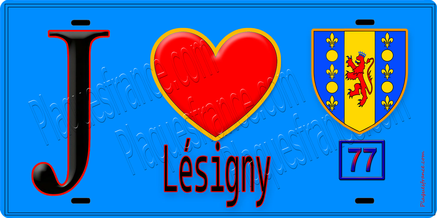 Plaque métal décorative J' ❤️Lésigny, Seine et Marne (77) fond bleu