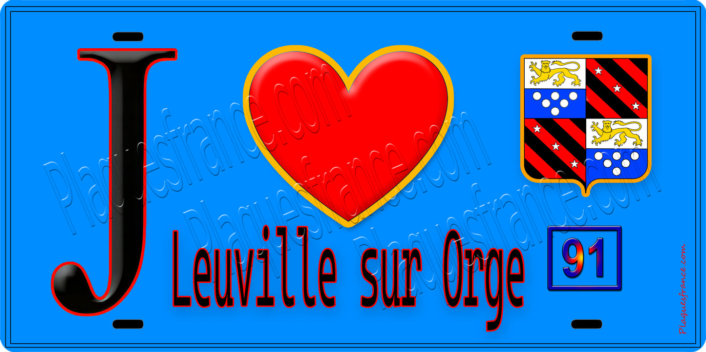 Plaque métal décorative J' ❤️Leuville-sur-Orge, Essonne (91) fond bleu