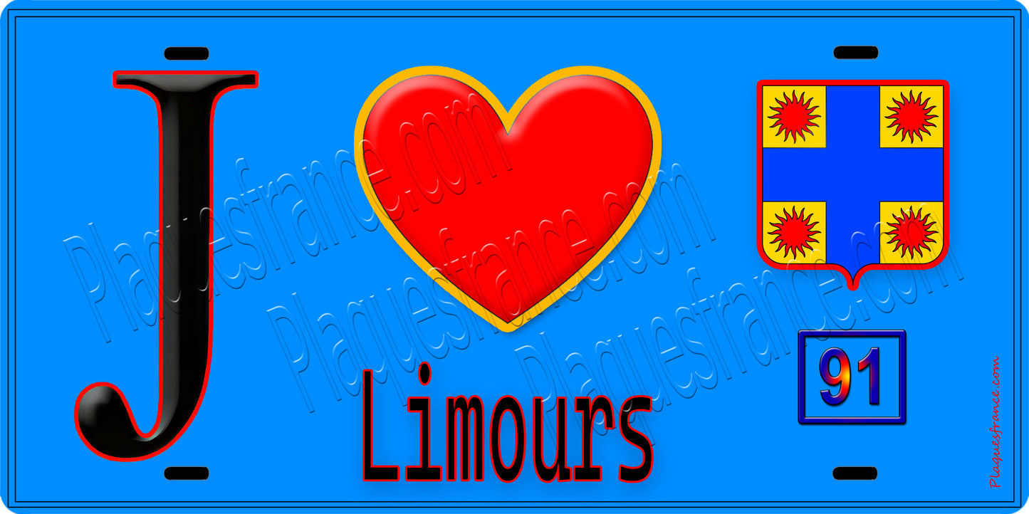 Plaque métal décorative J' ❤️Limours, Essonne (91) fond bleu