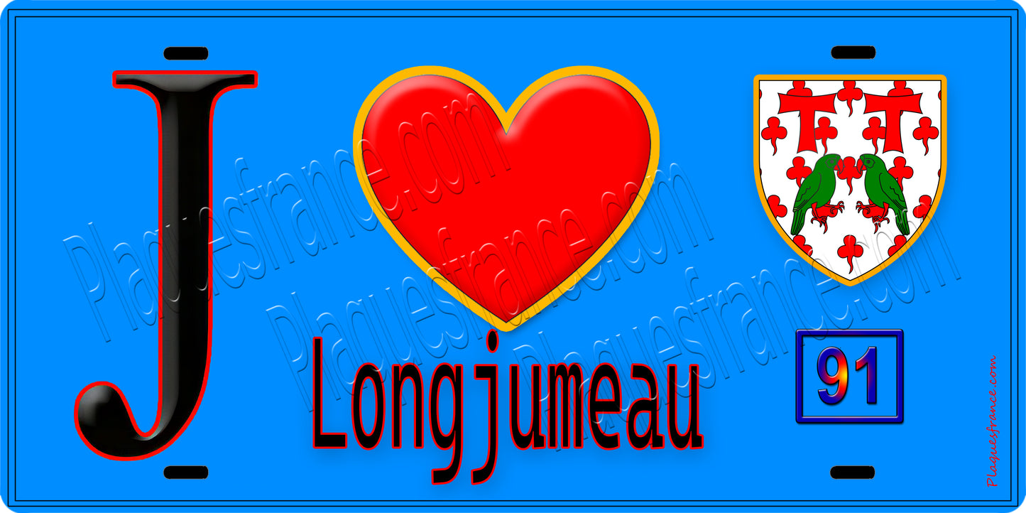 Plaque métal décorative J' ❤️Longjumeau, Essonne (91) fond bleu
