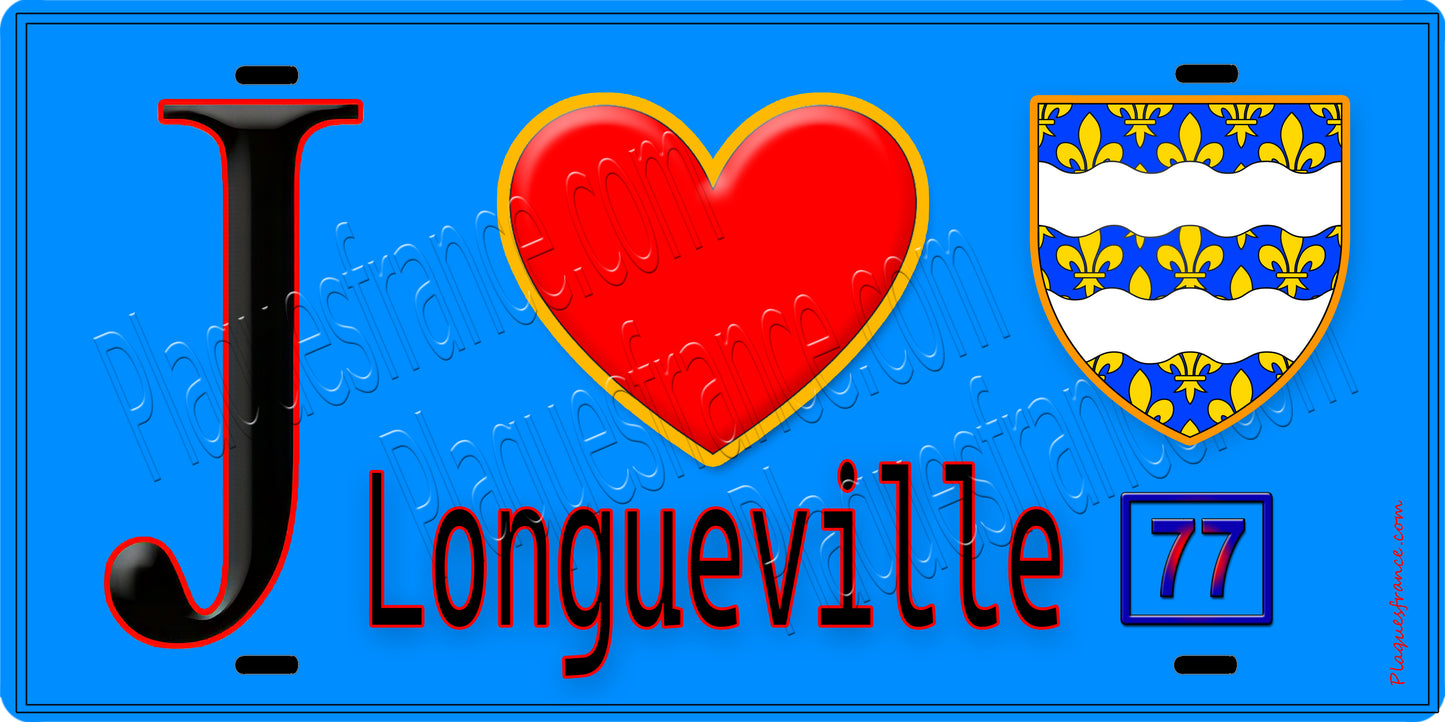 Plaque métal décorative J' ❤️Longueville, Seine et Marne (77) fond bleu