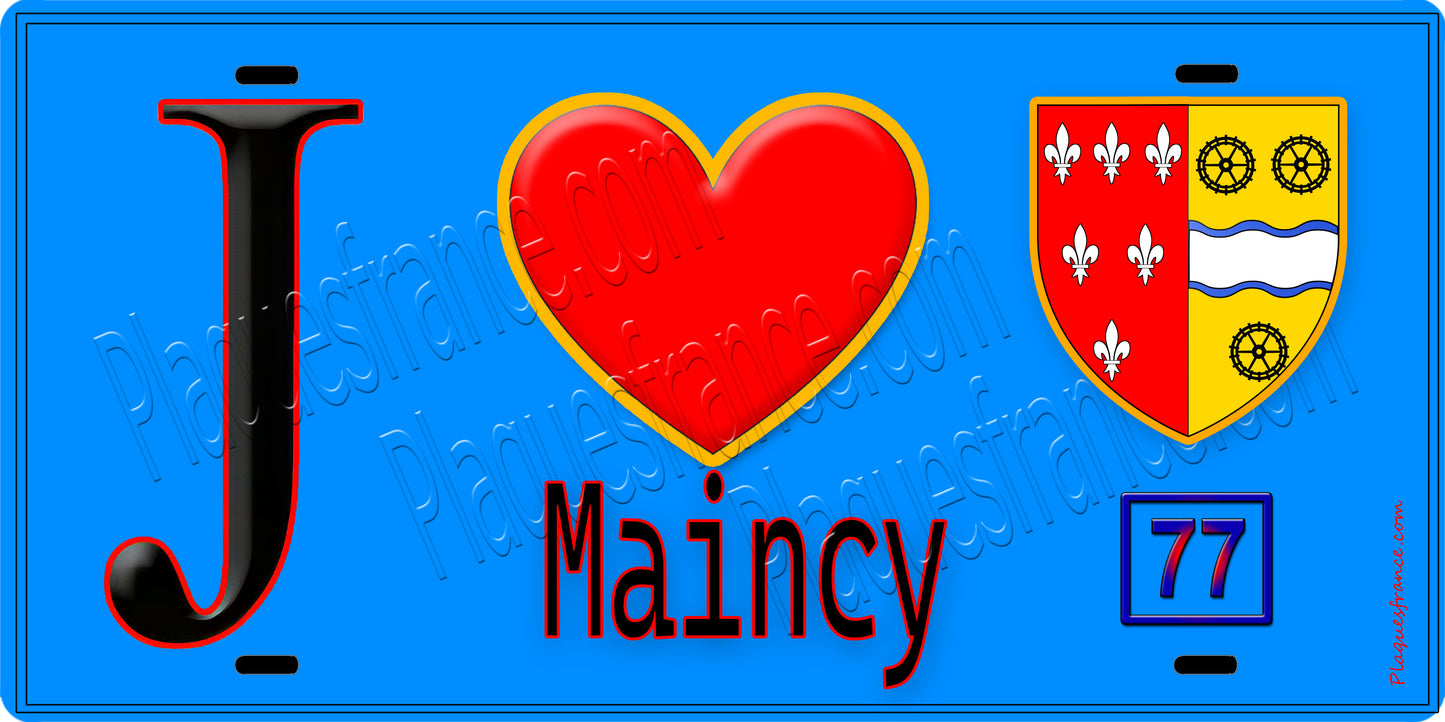 Plaque métal décorative J' ❤️Maincy, Seine et Marne (77) fond bleu