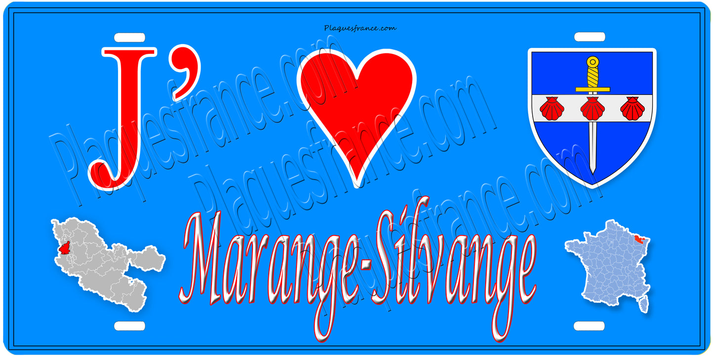 Plaque métal décorative 15 x 30 cm fond mur bleu carte J' ❤️ Marange-Silvange, canton Rombas Moselle 57