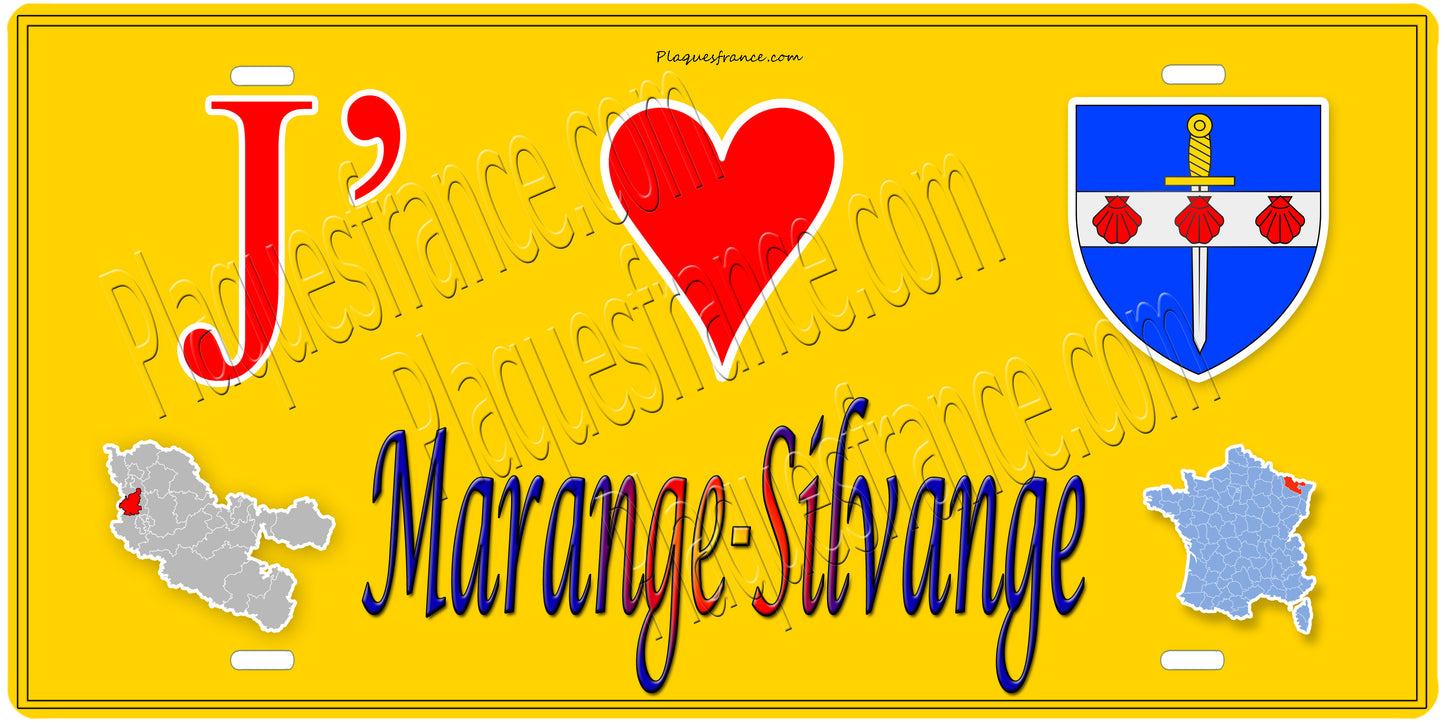 Plaque métal décorative 15 x 30 cm fond mur jaune carte J' ❤️ Marange-Silvange, canton Rombas Moselle 57