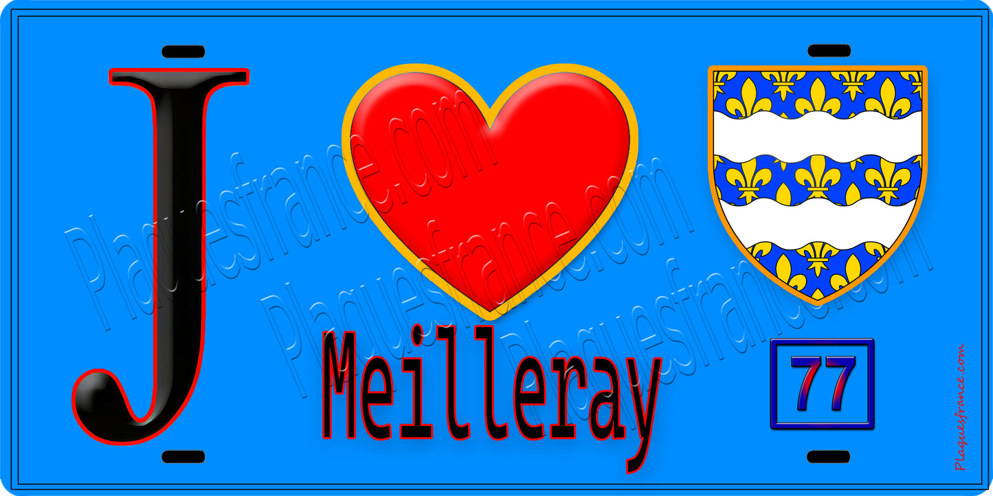 Plaque métal décorative J' ❤️Meilleray, Seine et Marne (77) fond bleu