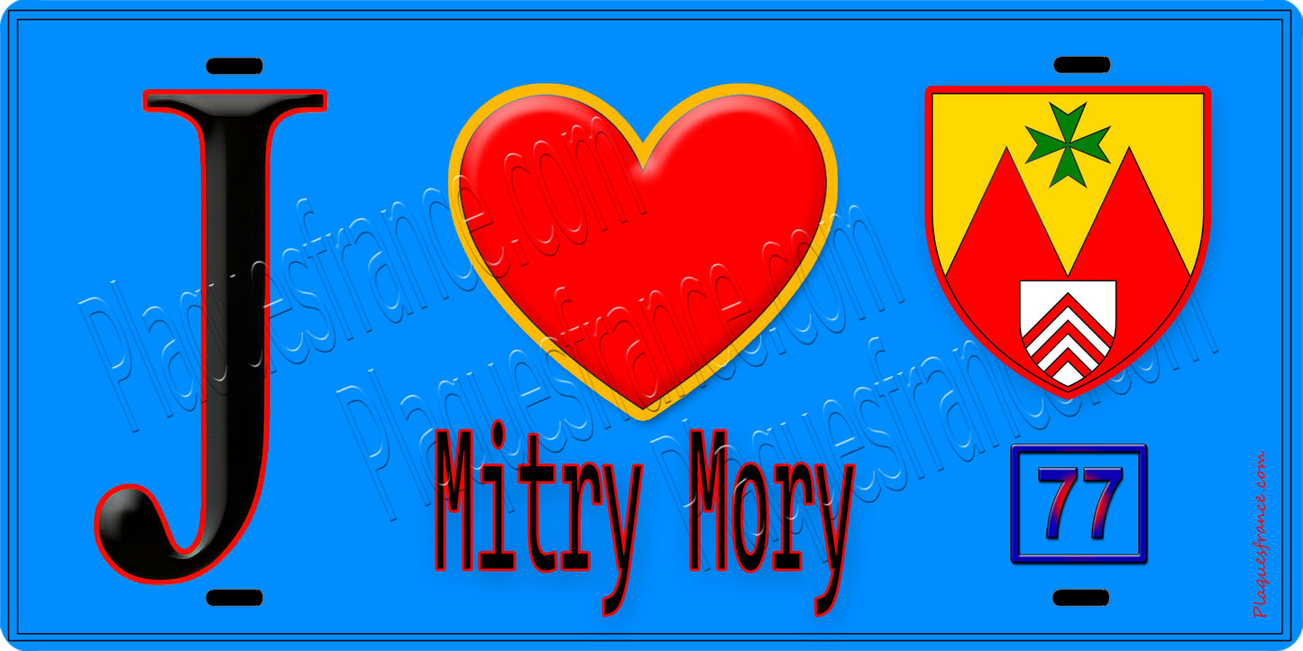 Plaque métal décorative J' ❤️Mitry-Mory, Seine et Marne (77) fond bleu