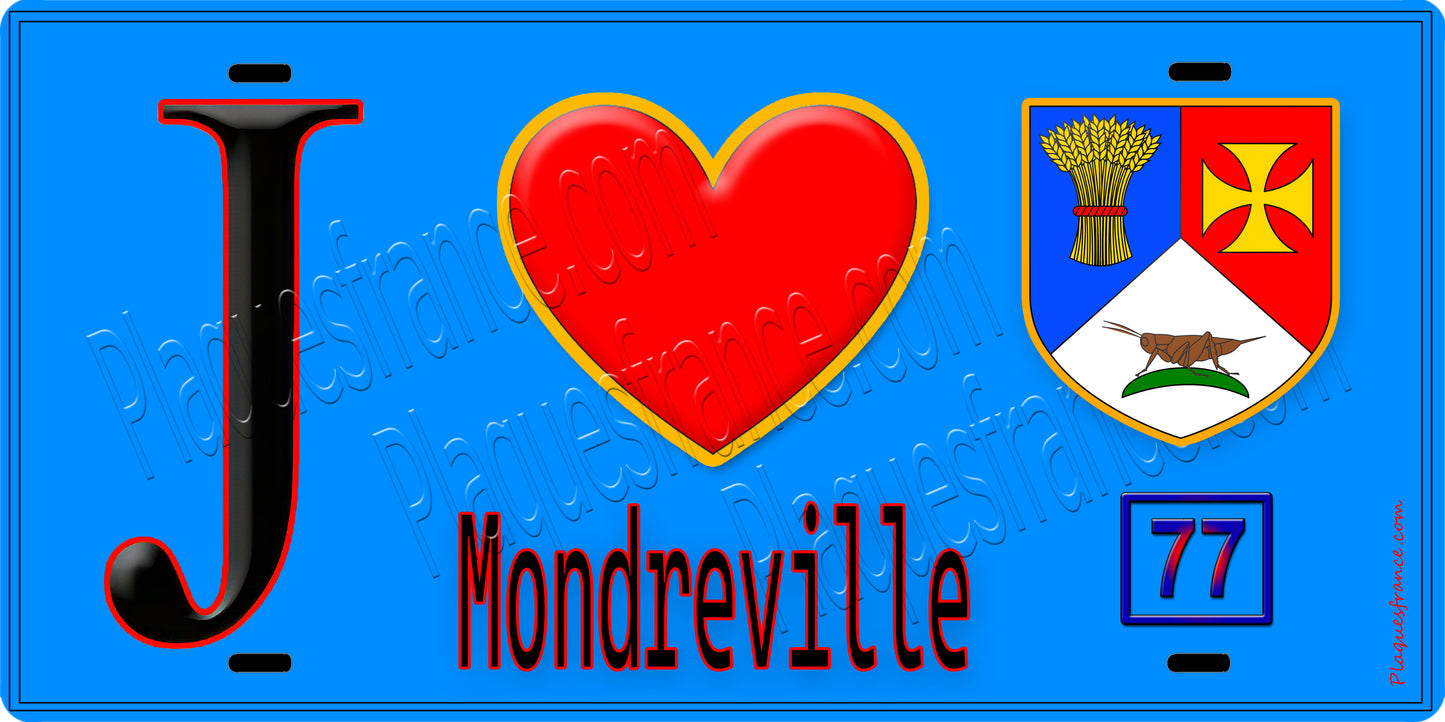 Plaque métal décorative J' ❤️Mondreville, Seine et Marne (77) fond bleu