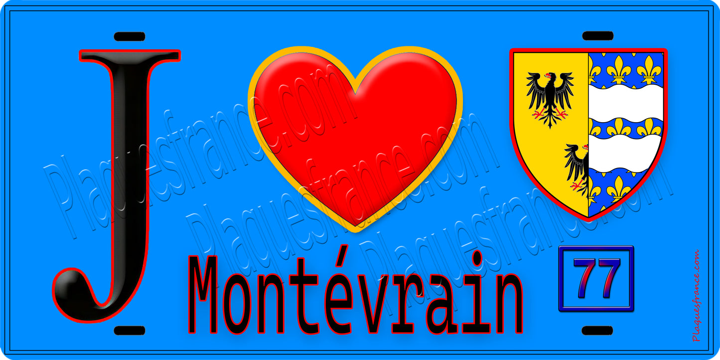 Plaque métal décorative J' ❤️Montévrain, Seine et Marne (77) fond bleu