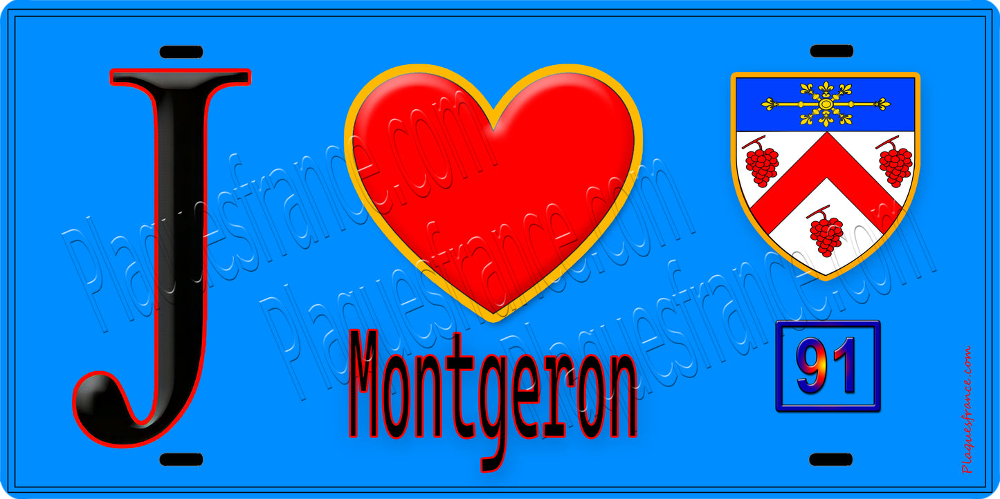 Plaque métal décorative J' ❤️Montgeron, Essonne (91) fond bleu