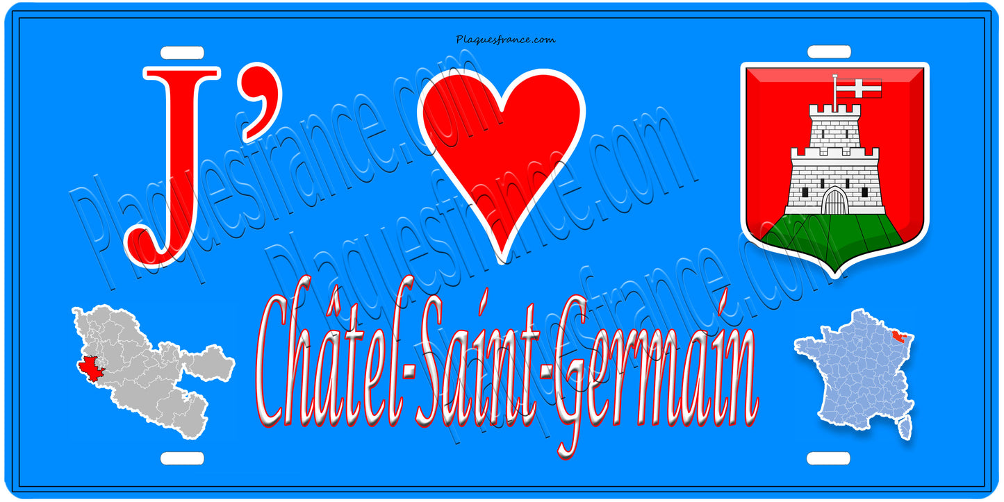 Plaque métal décorative 15 x 30 cm fond mur bleu carte J' ❤️Châtel-Saint-Germain , canton des Coteaux de Moselle 57