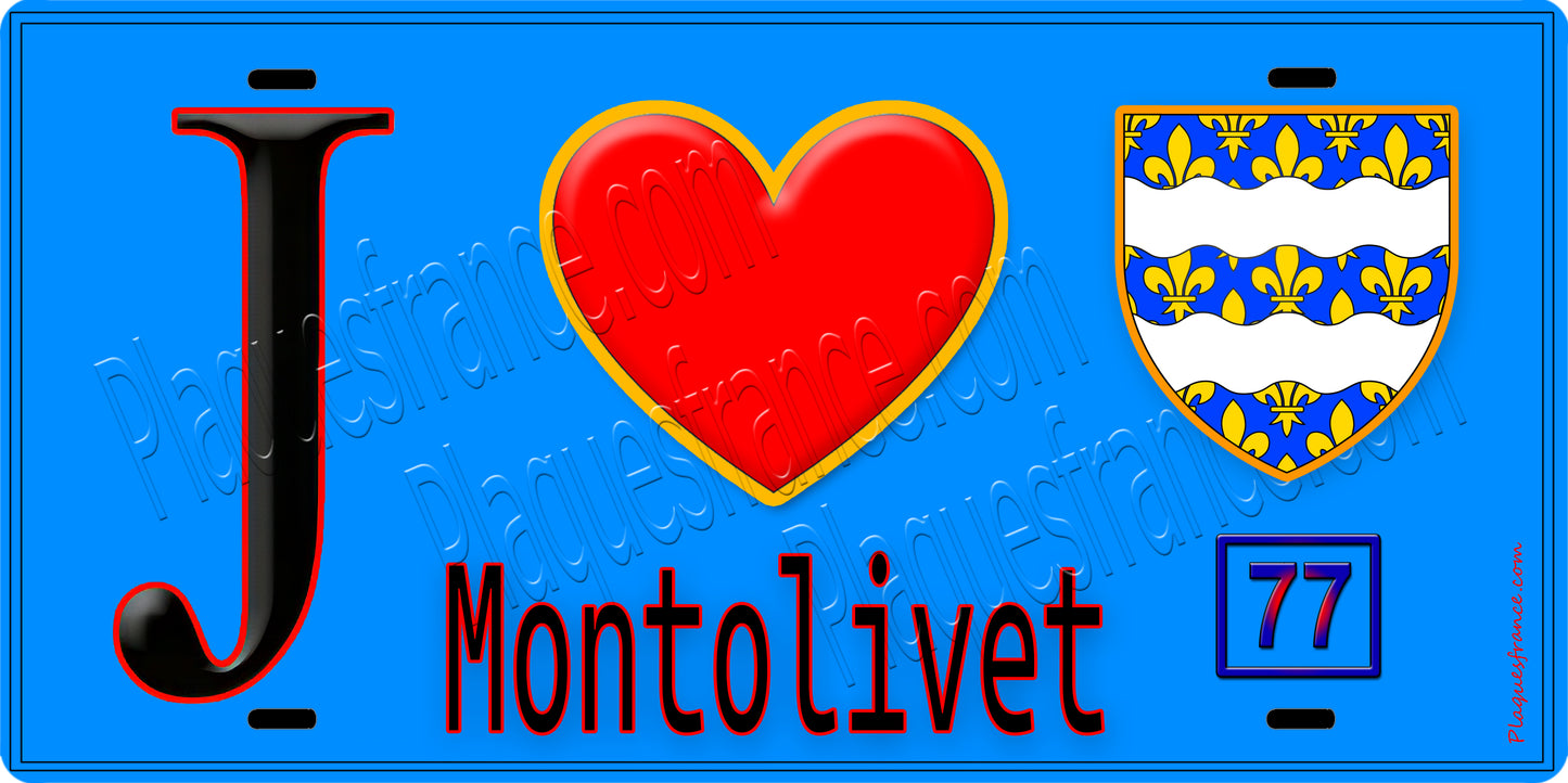 Plaque métal décorative J' ❤️Montolivet, Seine et Marne (77) fond bleu