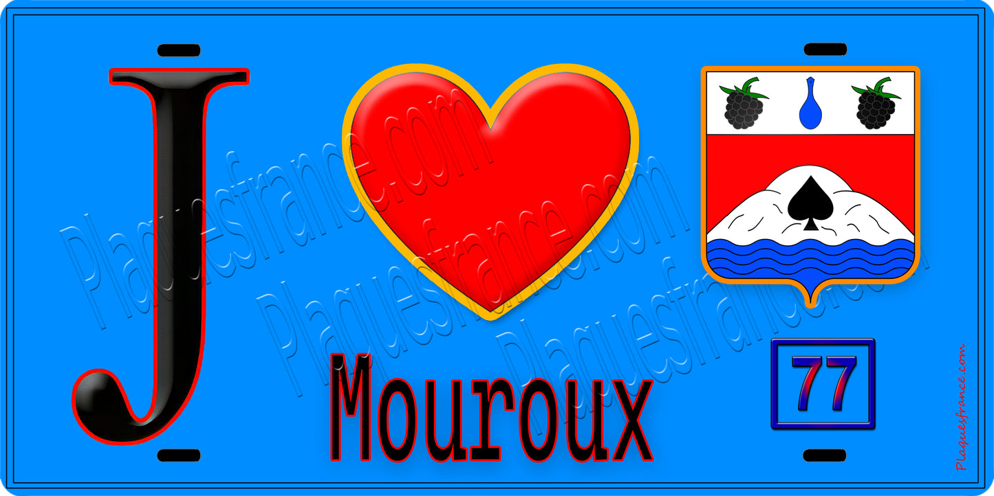 Plaque métal décorative J' ❤️Mouroux, Seine et Marne (77) fond bleu