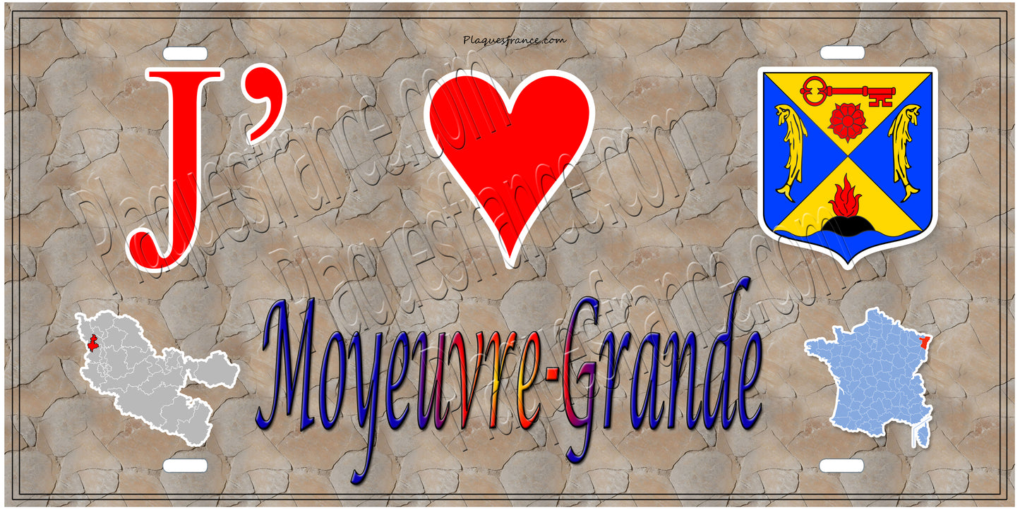 Plaque métal décorative 15 x 30 cm fond mur antique carte J' ❤️ Moyeuvre-Grande, canton Hayange Moselle 57