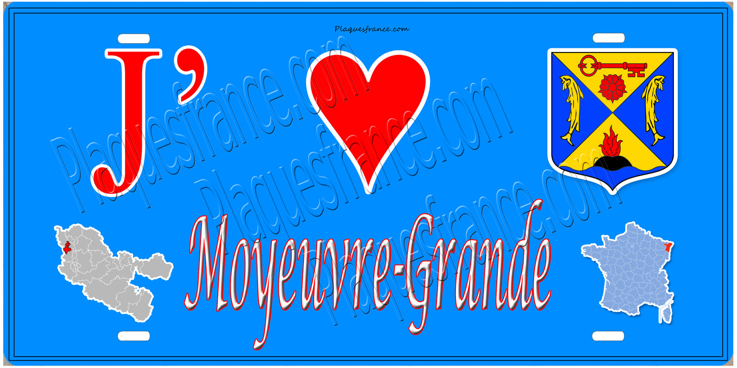 Plaque métal décorative 15 x 30 cm fond mur bleu carte J' ❤️ Moyeuvre-Grande, canton Hayange Moselle 57
