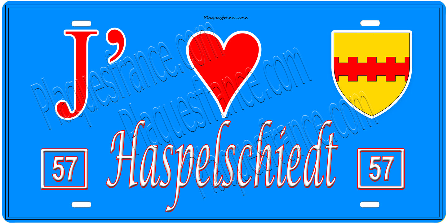 Plaque métal décorative, J'❤️ Haspelschiedt, Moselle, fond mur bleu 57