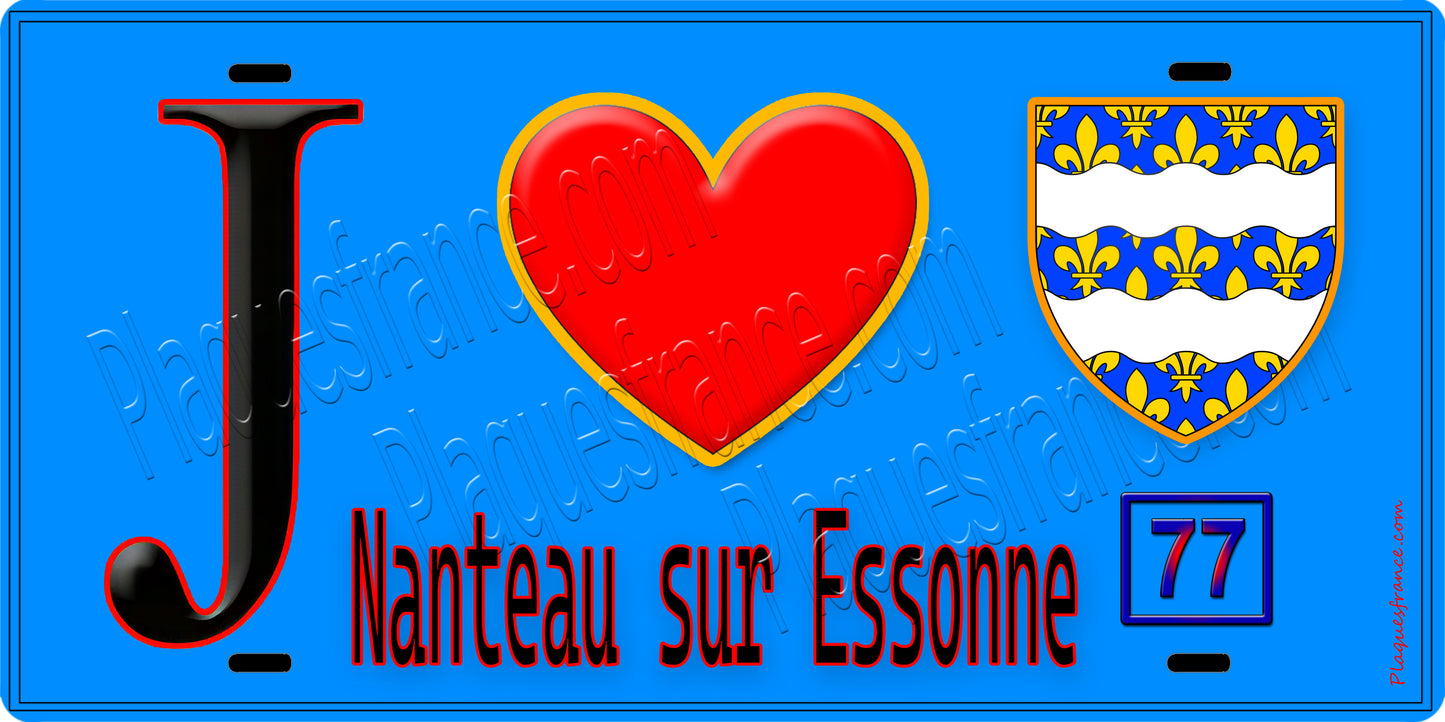 Plaque métal décorative J' ❤️Nanteau-sur-Essonne, Seine et Marne (77) fond bleu