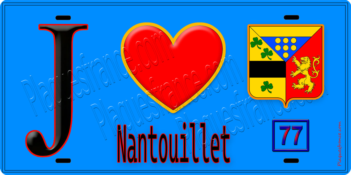 Plaque métal décorative J' ❤️Nantouillet, Seine et Marne (77) fond bleu
