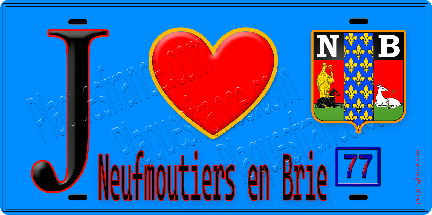 Plaque métal décorative J' ❤️Neufmoutiers-en-Brie, Seine et Marne (77) fond bleu