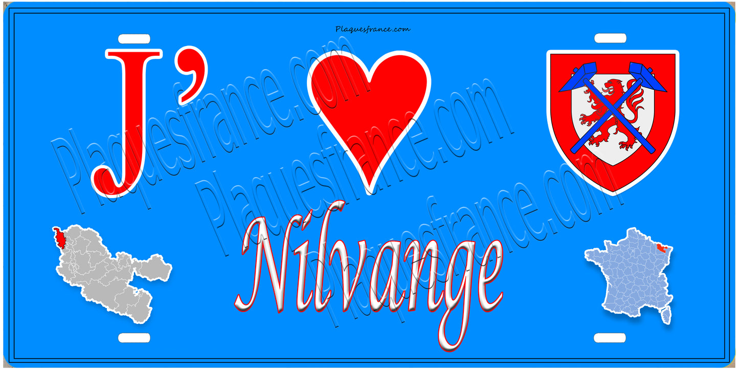 Plaque métal décorative 15 x 30 cm fond mur bleu carte J' ❤️Nilvange, canton Algrange 57