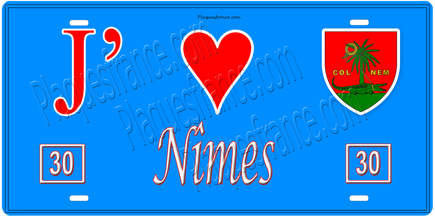 Plaque métal décorative, J' ❤️Nîmes, Gard fond mur bleu 30