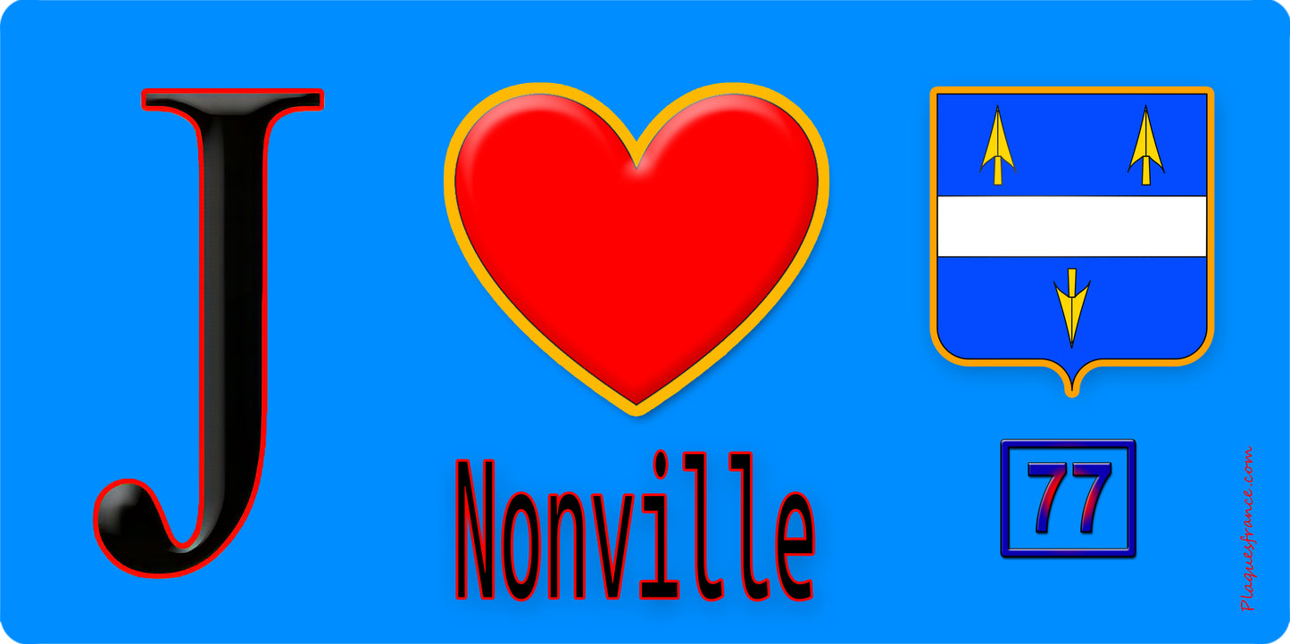 Plaque métal décorative J' ❤️Nonville, Seine et Marne (77) fond bleu