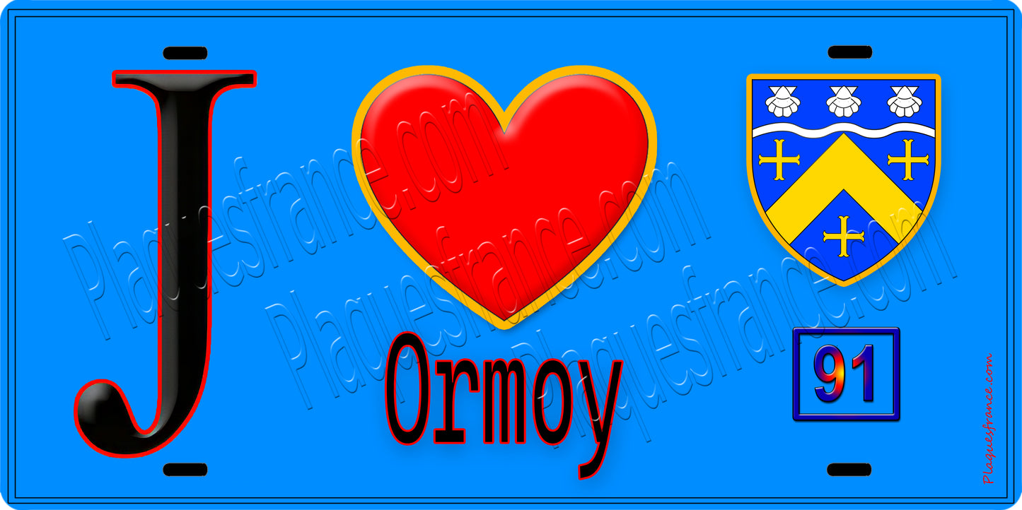 Plaque métal décorative J' ❤️Ormoy, Essonne (91) fond bleu