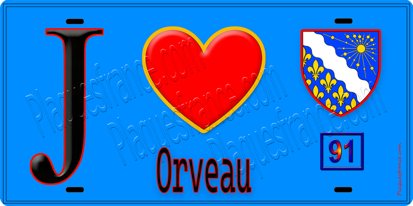 Plaque métal décorative J' ❤️Orveau, Essonne (91) fond bleu