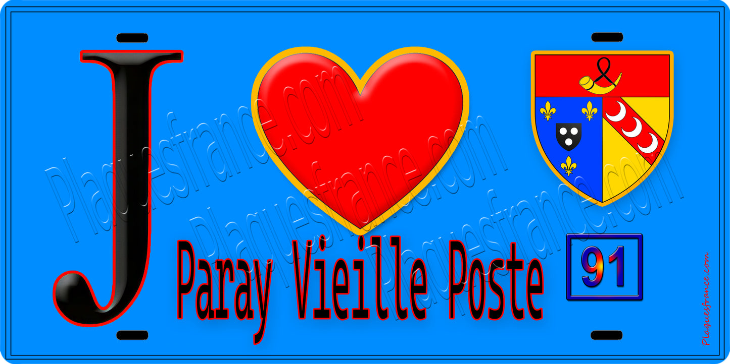 Plaque métal décorative J' ❤️Paray-Vieille-Poste, Essonne (91) fond bleu