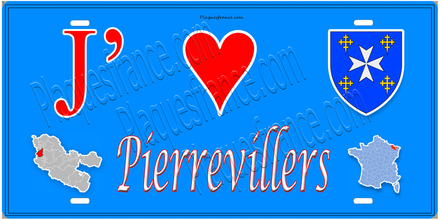 Plaque métal décorative 15 x 30 cm fond mur bleu carte J' ❤️Pierrevillers , canton Rombas 57