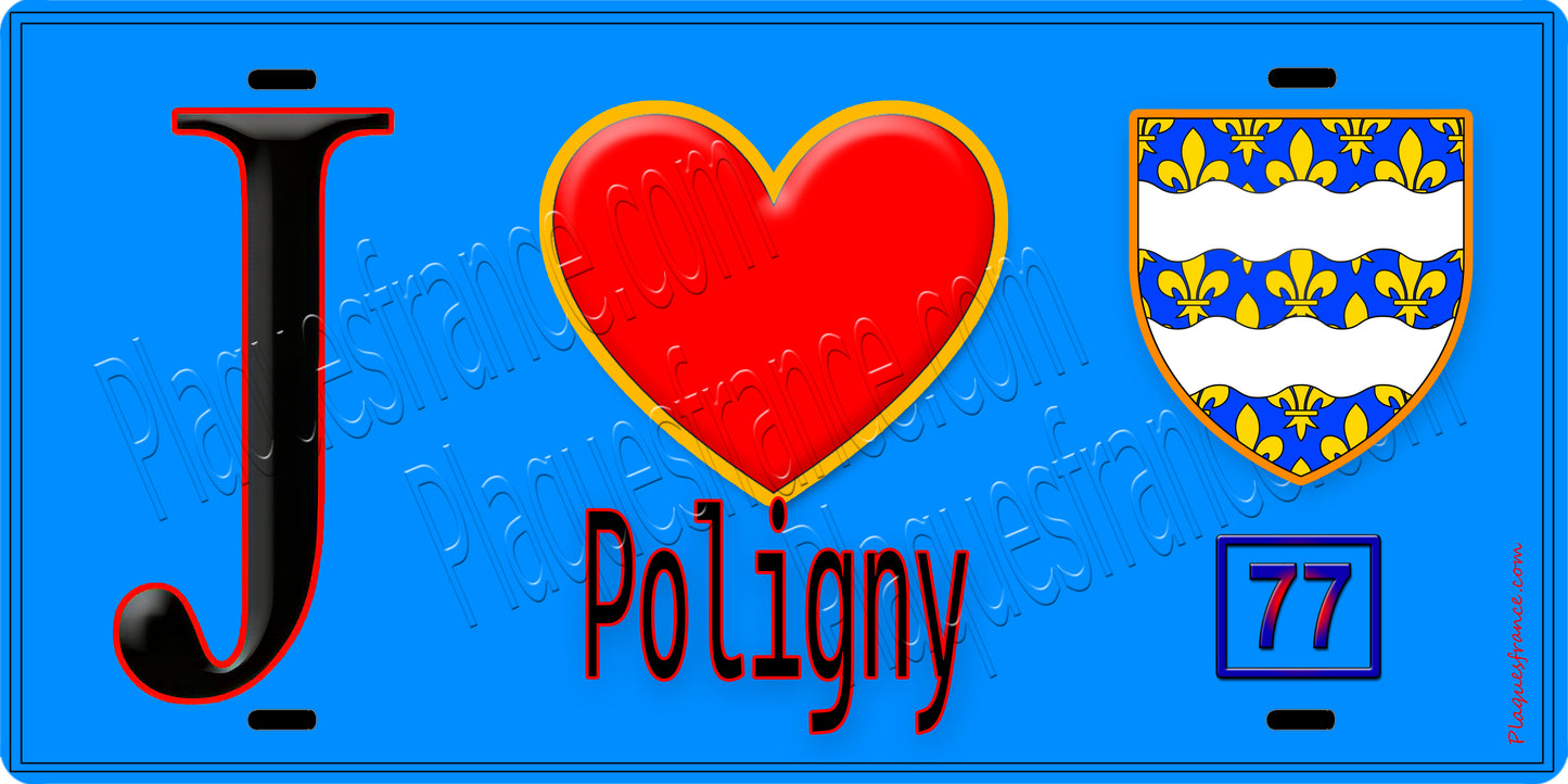 Plaque métal décorative J' ❤️Poligny, Seine et Marne (77) fond bleu