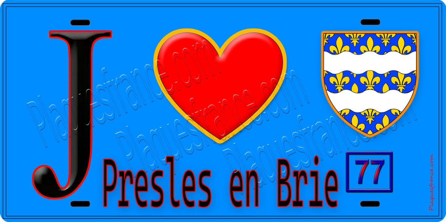 Plaque métal décorative J' ❤️Presles-en-Brie, Seine et Marne (77) fond bleu