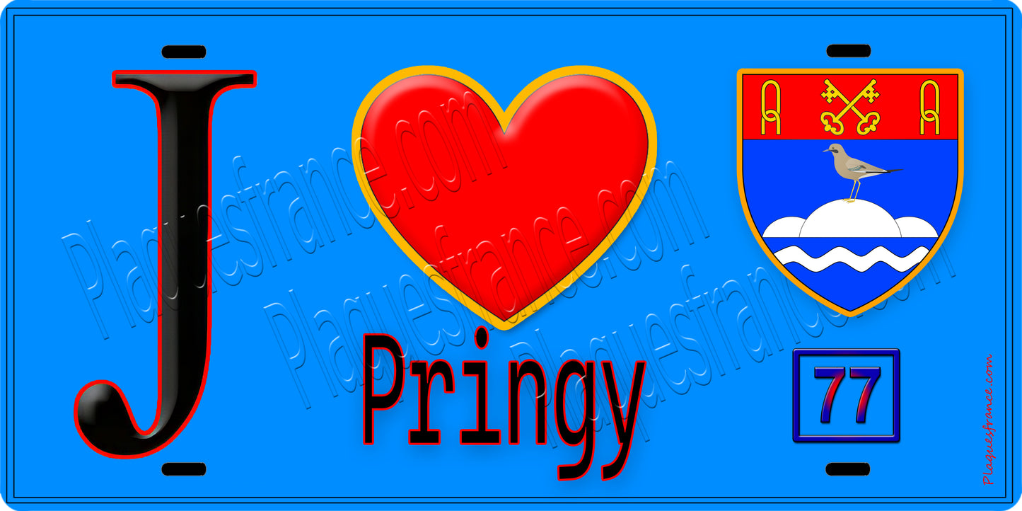 Plaque métal décorative J' ❤️Pringy, Seine et Marne (77) fond bleu