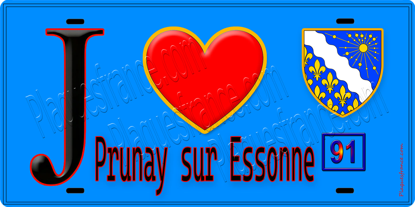 Plaque métal décorative J' ❤️Prunay-sur-Essonne, Essonne (91) fond bleu