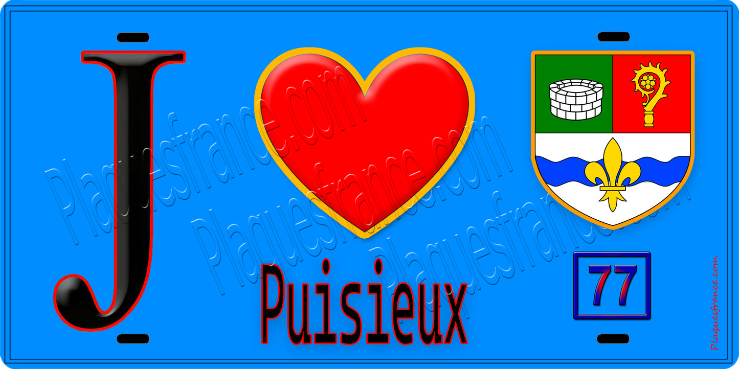 Plaque métal décorative J' ❤️Puisieux, Seine et Marne (77) fond bleu