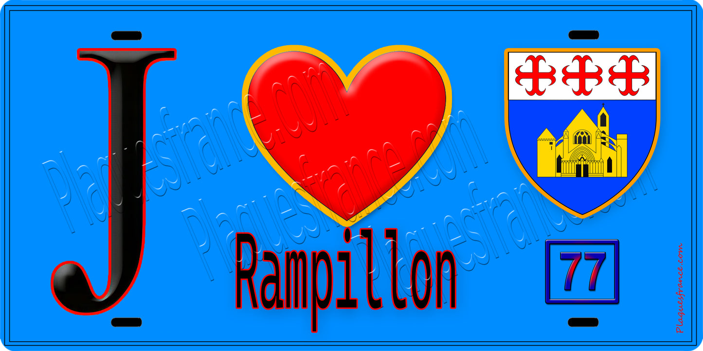 Plaque métal décorative J' ❤️Rampillon, Seine et Marne (77) fond bleu