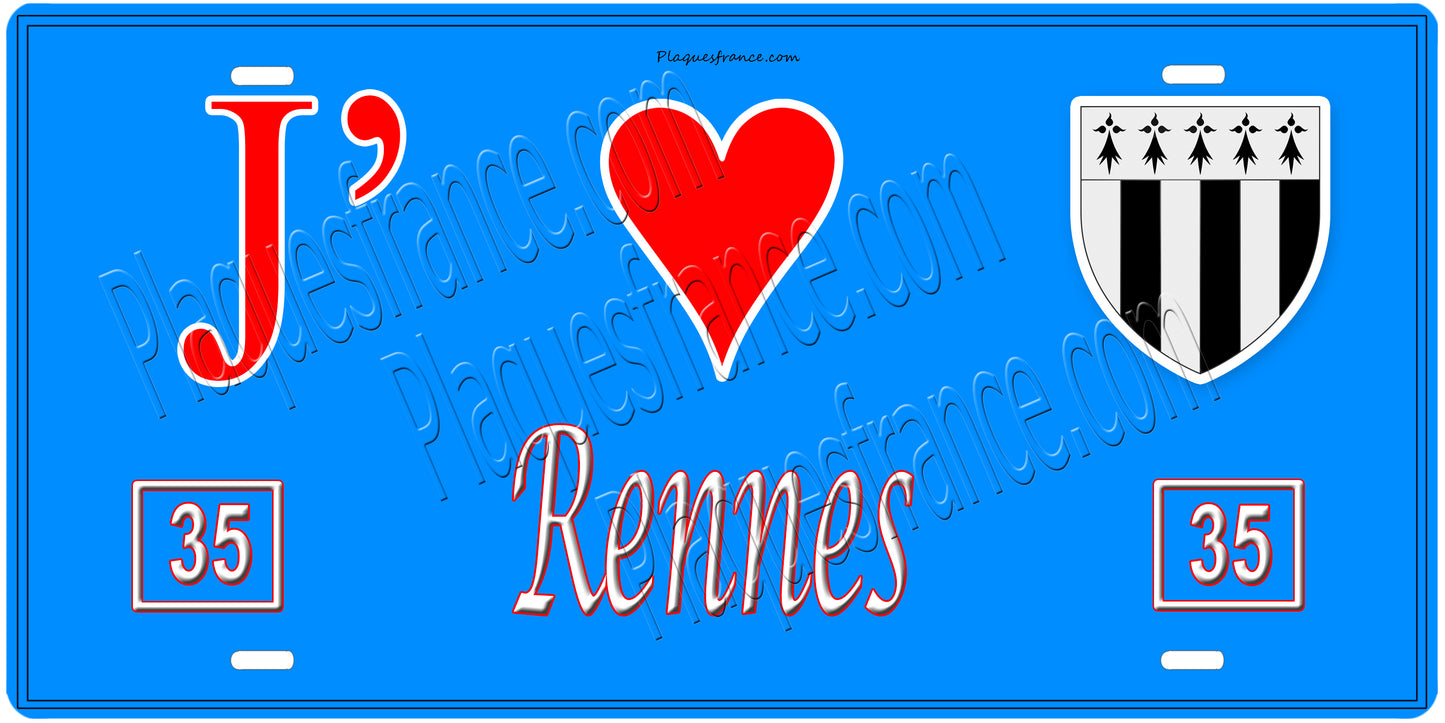 Plaque métal décorative, J' ❤️Rennes (35), Bretagne