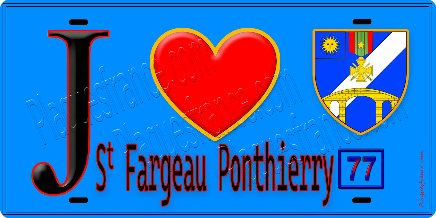 Plaque métal décorative J' ❤️Saint-Fargeau-Ponthierry, Seine et Marne (77) fond bleui