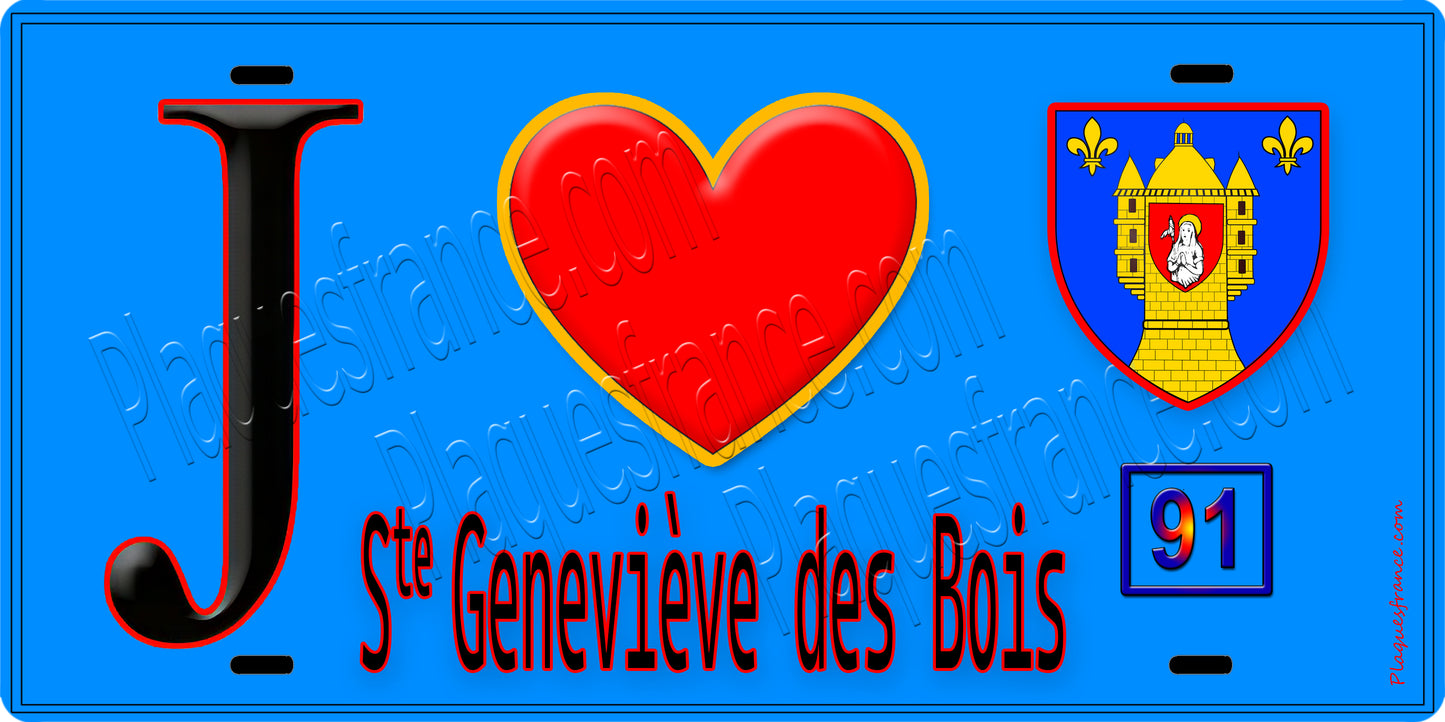Plaque métal décorative J' ❤️Sainte-Geneviève-des-Bois, Essonne (91) fond bleu