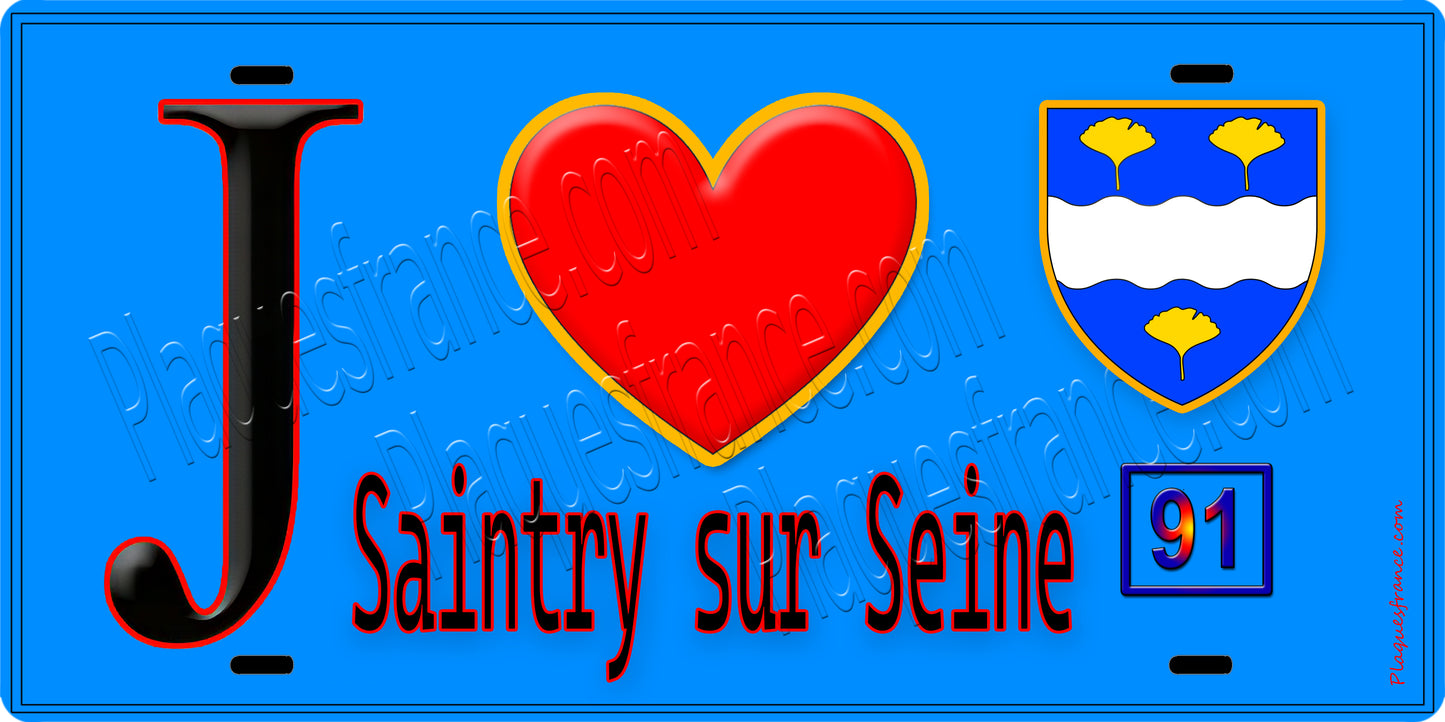 Plaque métal décorative J' ❤️Saintry-sur-Seine, Essonne (91) fond bleu