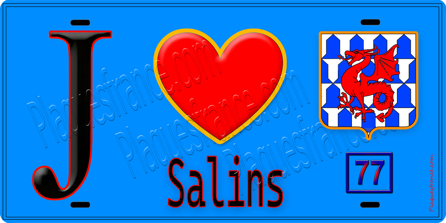 Plaque métal décorative J' ❤️Salins, Seine et Marne (77) fond bleu