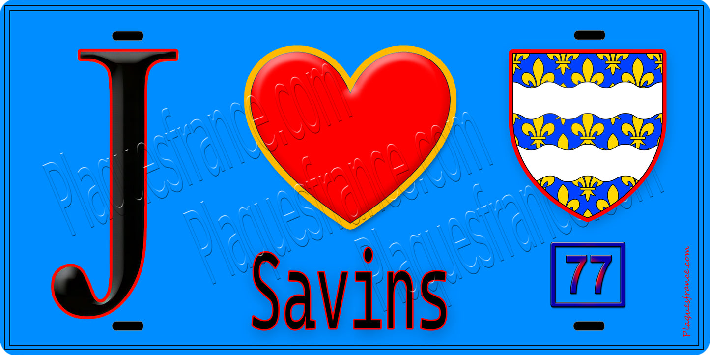 Plaque métal décorative J' ❤️Savins, Seine et Marne (77) fond bleu