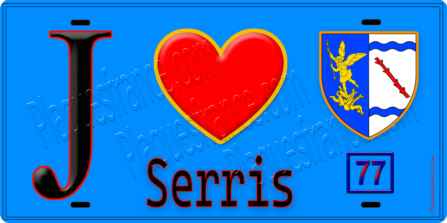 Plaque métal décorative J' ❤️Serris, Seine et Marne (77) fond bleu