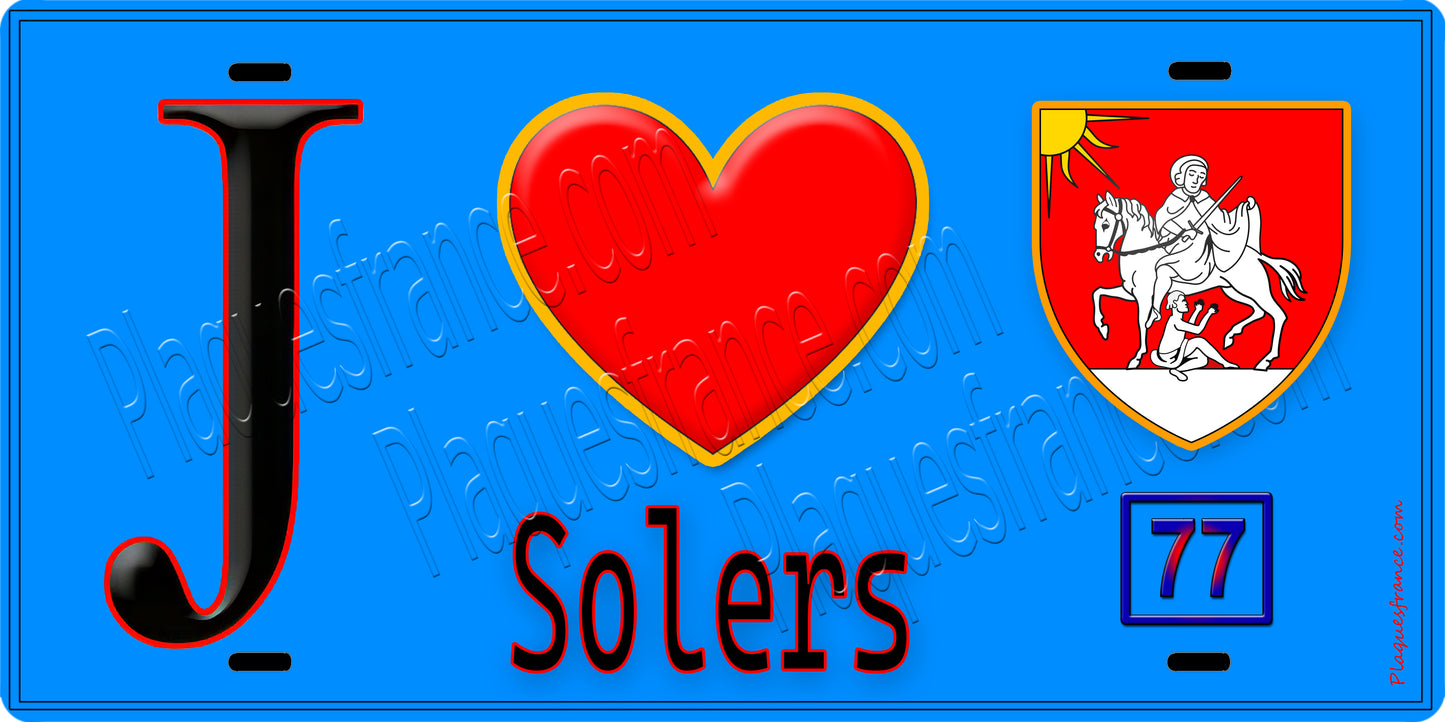 Plaque métal décorative J' ❤️Solers, Seine et Marne (77) fond bleu