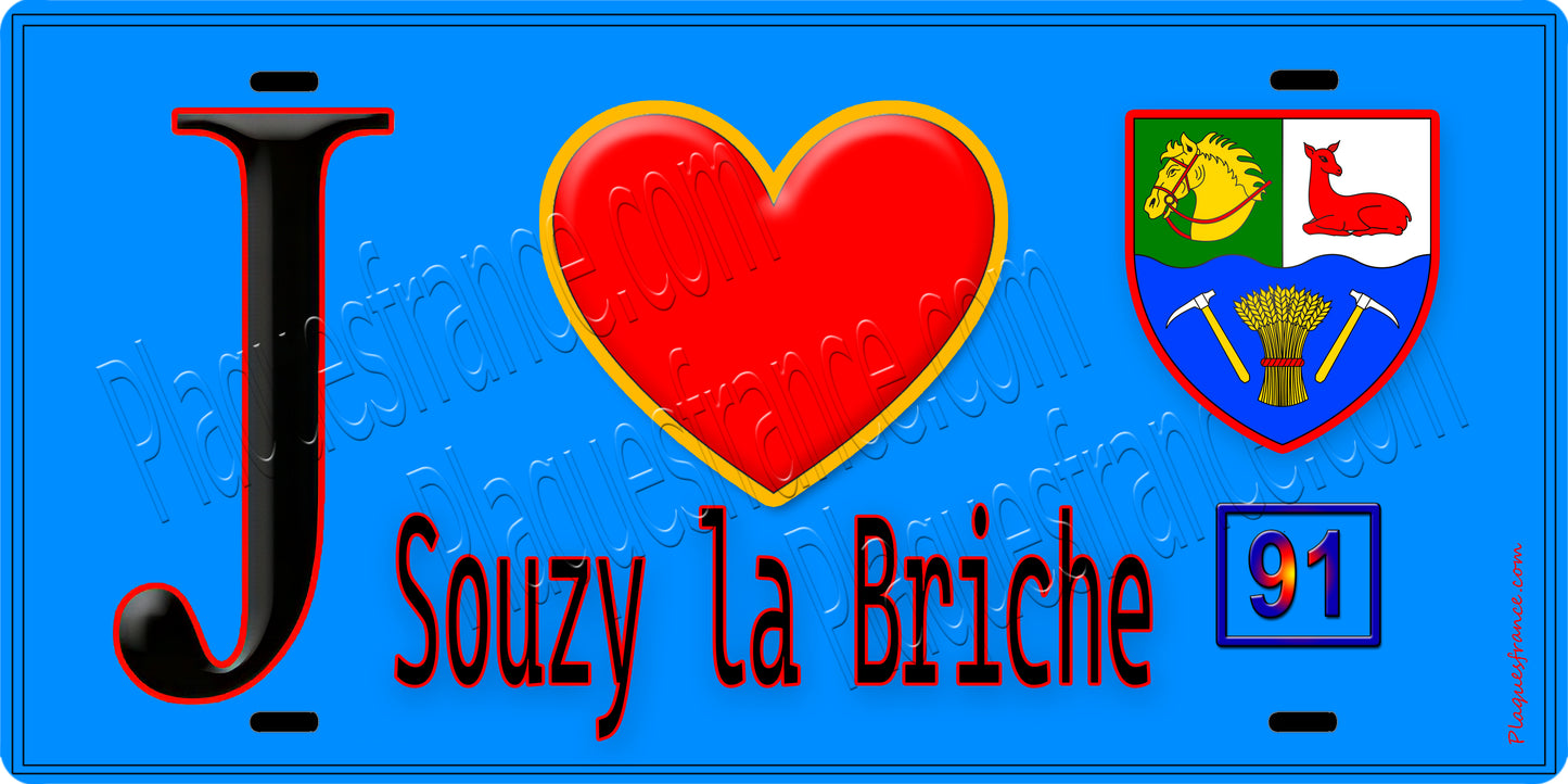 Plaque métal décorative J' ❤️Souzy-la-Briche, Essonne (91) fond bleu