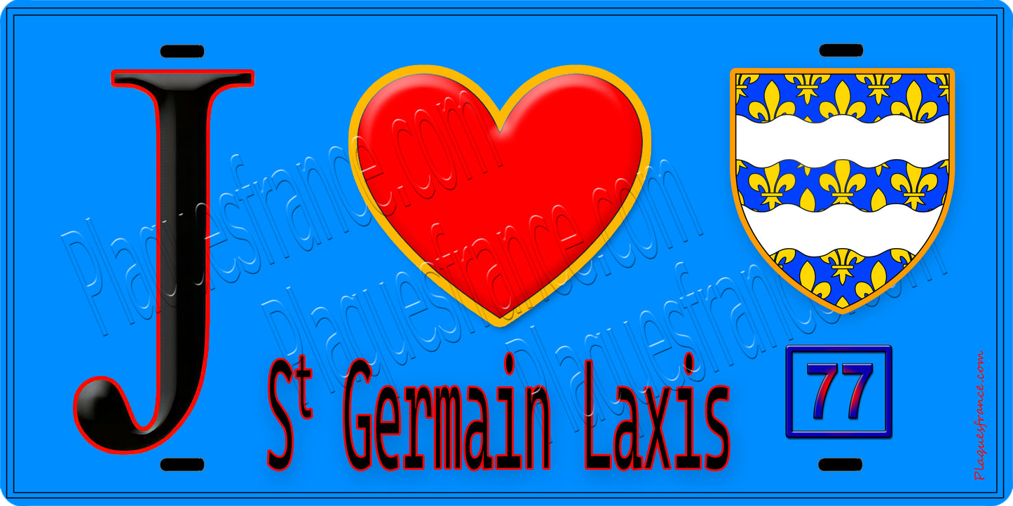 Plaque métal décorative J' ❤️Saint-Germain-Laxis, Seine et Marne (77) fond bleu