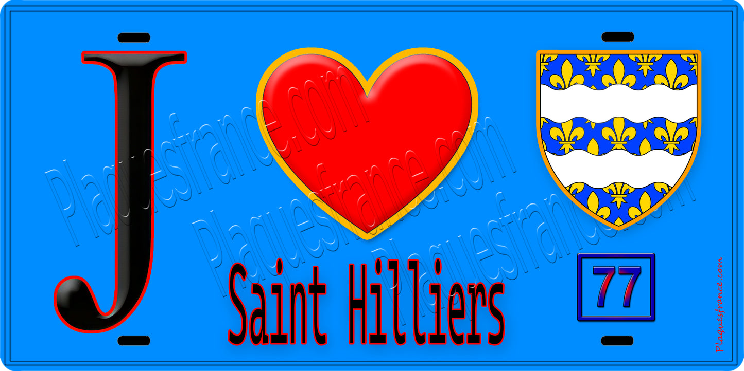 Plaque métal décorative J' ❤️Saint-Hilliers, Seine et Marne (77) fond bleu