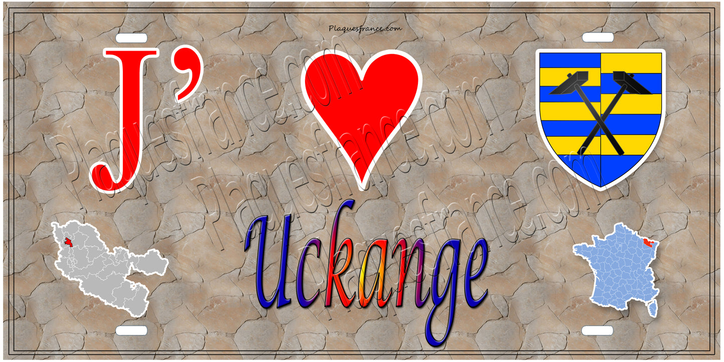 Plaque métal décorative 15 x 30 cm fond mur mur antique carte J' ❤️ Uckange, canton Fameck Moselle 57