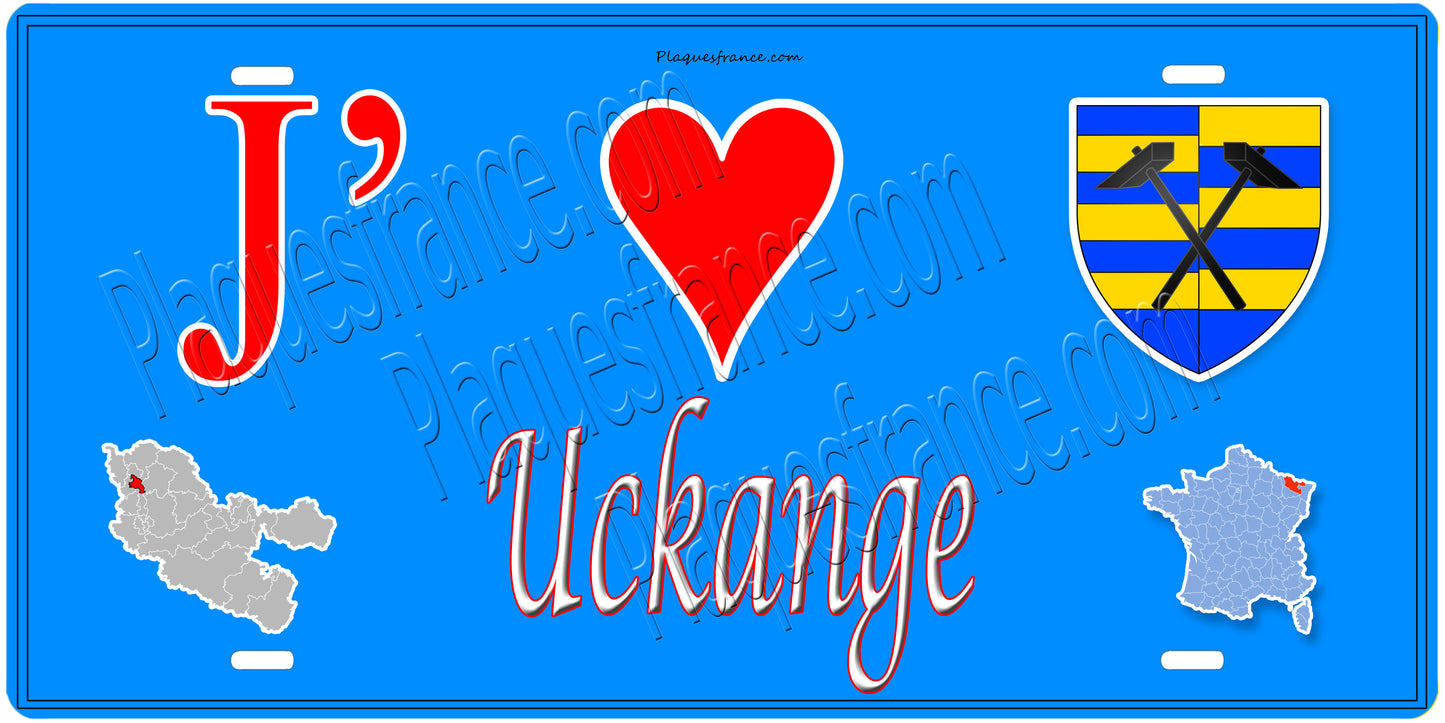 Plaque métal décorative 15 x 30 cm fond mur bleu carte J' ❤️ Uckange, canton Fameck Moselle 57