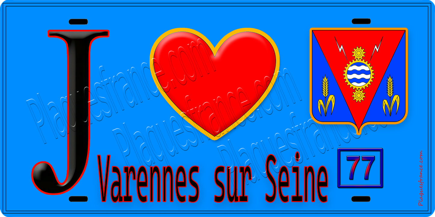 Plaque métal décorative J' ❤️Varennes-sur-Seine, Seine et Marne (77) fond bleu